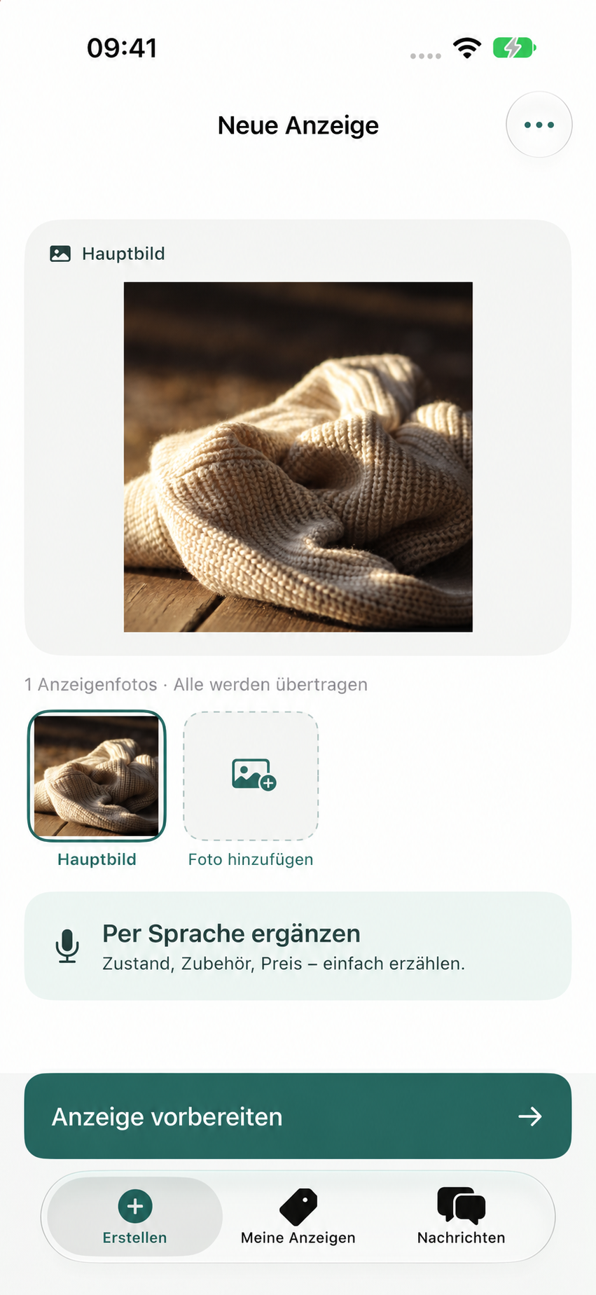 App-Ansicht: Foto aufnehmen und Angaben per Sprache ergänzen