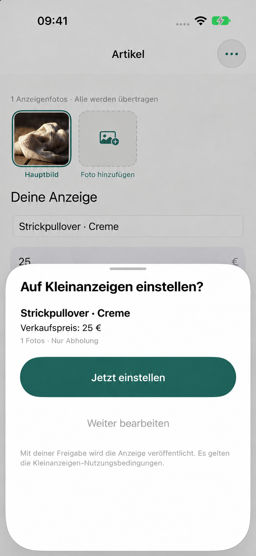 App-Ansicht: Anzeigenentwurf prüfen und Veröffentlichung freigeben